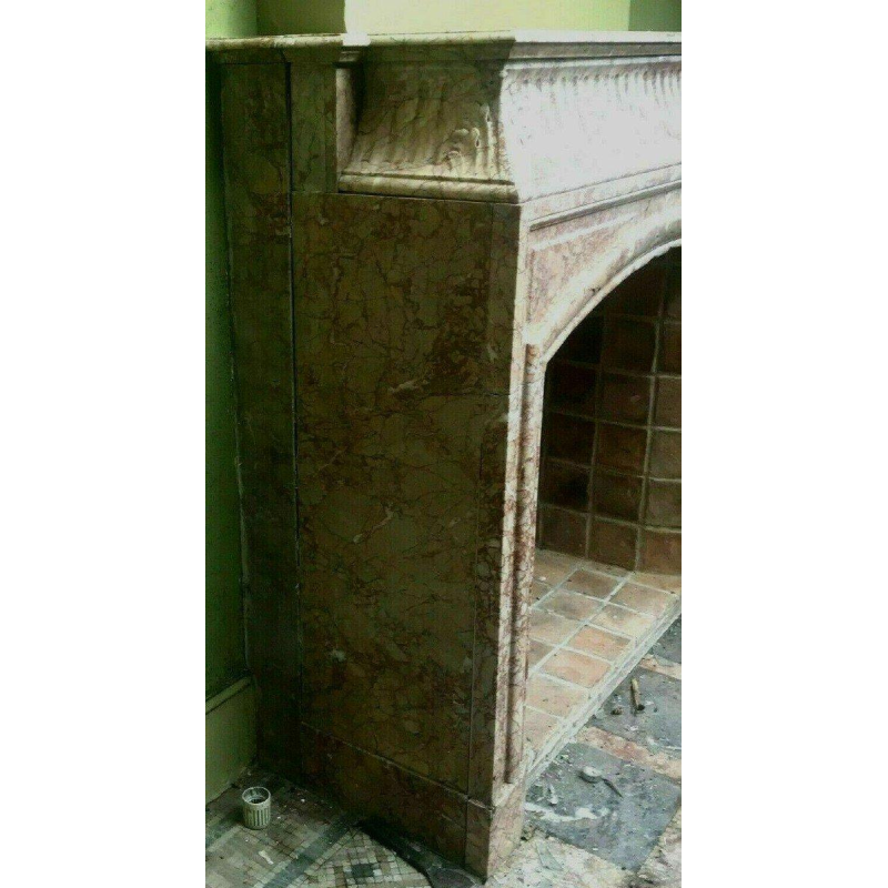 Louis XIV style fireplace with hood, speckled pink veined marble, 19th century