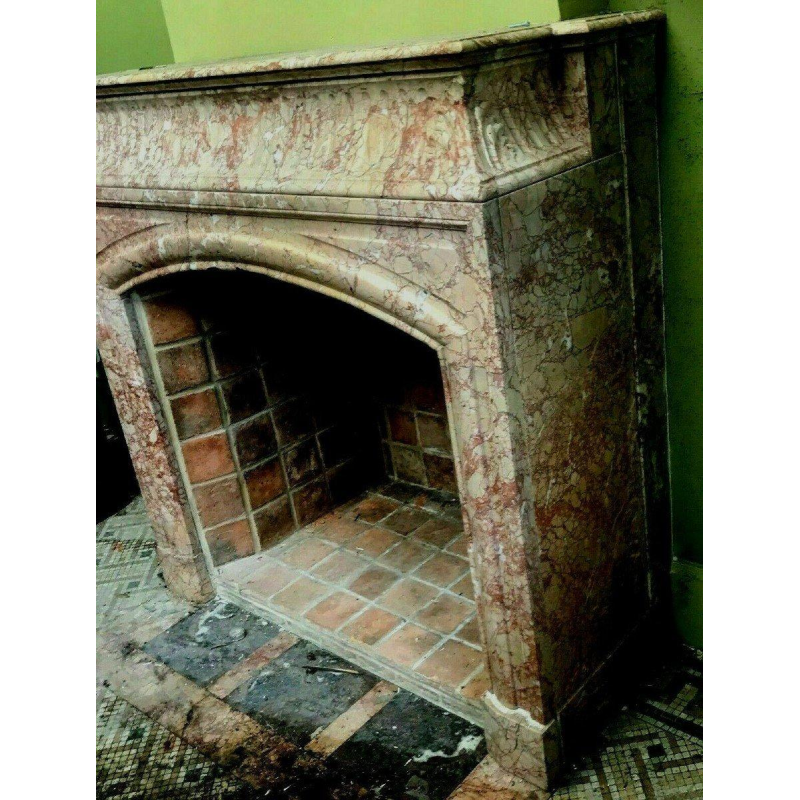 Cheminée de style Louis XIV à hotte, marbre rose veiné moucheté, XIX siècle