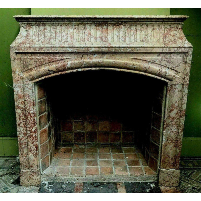 Louis XIV style fireplace with hood, speckled pink veined marble, 19th century