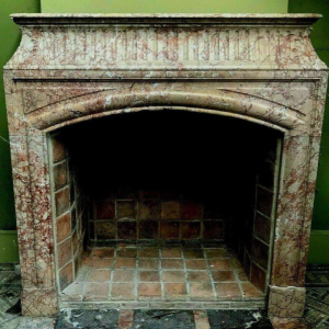 Louis XIV style fireplace with hood, speckled pink veined marble, 19th century