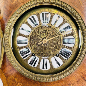 Louis XV style regulator clock, curved wood, marquetry veneer, 20th century