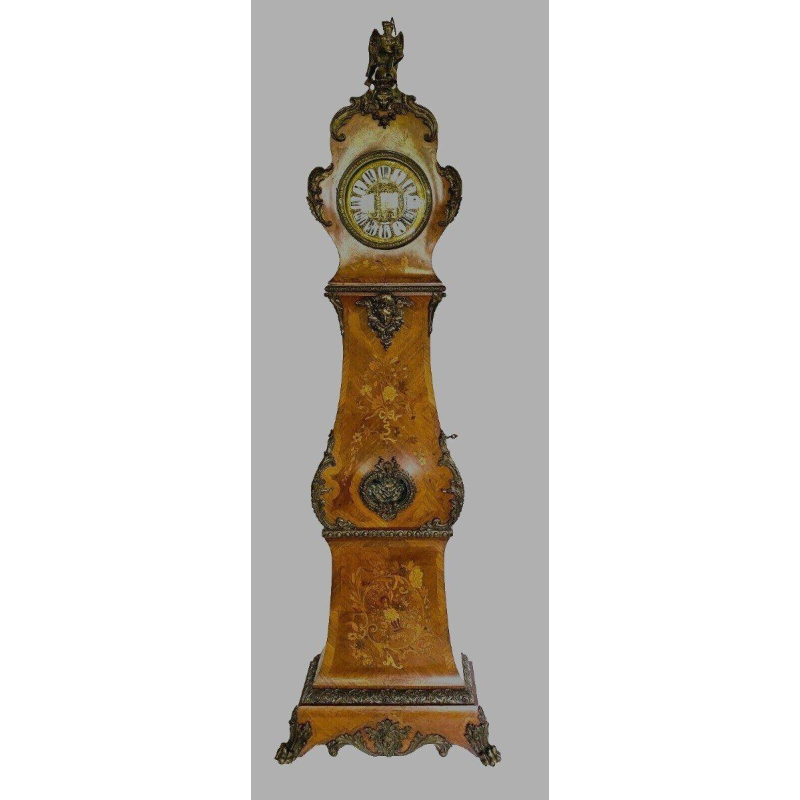Louis XV style regulator clock, curved wood, marquetry veneer, 20th century