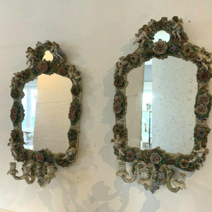 Pair of mirrors with candlesticks, decorated with cherubs, German polychrome porcelain, early 20th century