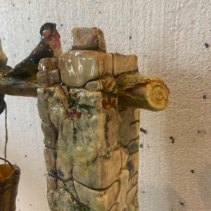 Delphin Massier for Vallauris "Bird Well" polychrome ceramic sculpture, early 20th century