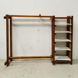 Architectural coat rack/shelf in solid fir, 20th century