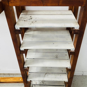 Architectural coat rack/shelf in solid fir, 20th century