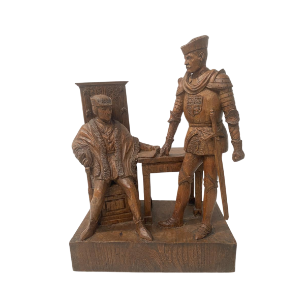 Beeldhouwwerk met twee prominente figuren, gesneden uit hout, 20e eeuw