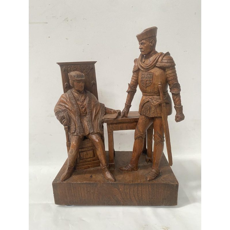 Beeldhouwwerk met twee prominente figuren, gesneden uit hout, 20e eeuw