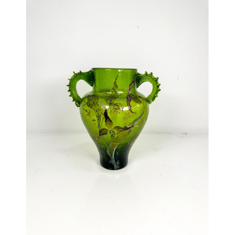Emile Gallé "Series C" baluster vase, grass green, decorated with orchids, ca. 1890