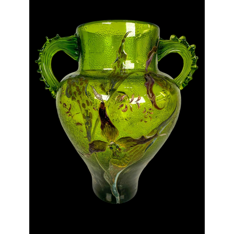 Emile Gallé "Serie C" balustervaas, grasgroen, versierd met orchideeën, ca. 1890