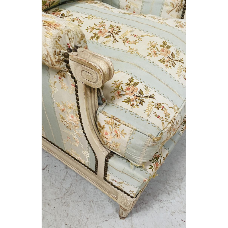 Pair of Louis XVI style armchairs in antique-patinated beechwood, 20th century