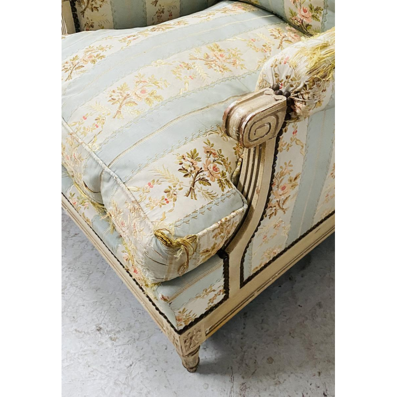 Pair of Louis XVI style armchairs in antique-patinated beechwood, 20th century