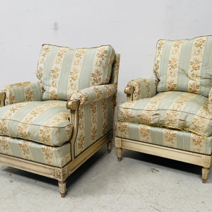 Pair of Louis XVI style armchairs in antique-patinated beechwood, 20th century