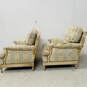Pair of Louis XVI style armchairs in antique-patinated beechwood, 20th century