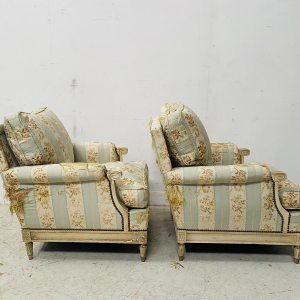 Pair of Louis XVI style armchairs in antique-patinated beechwood, 20th century
