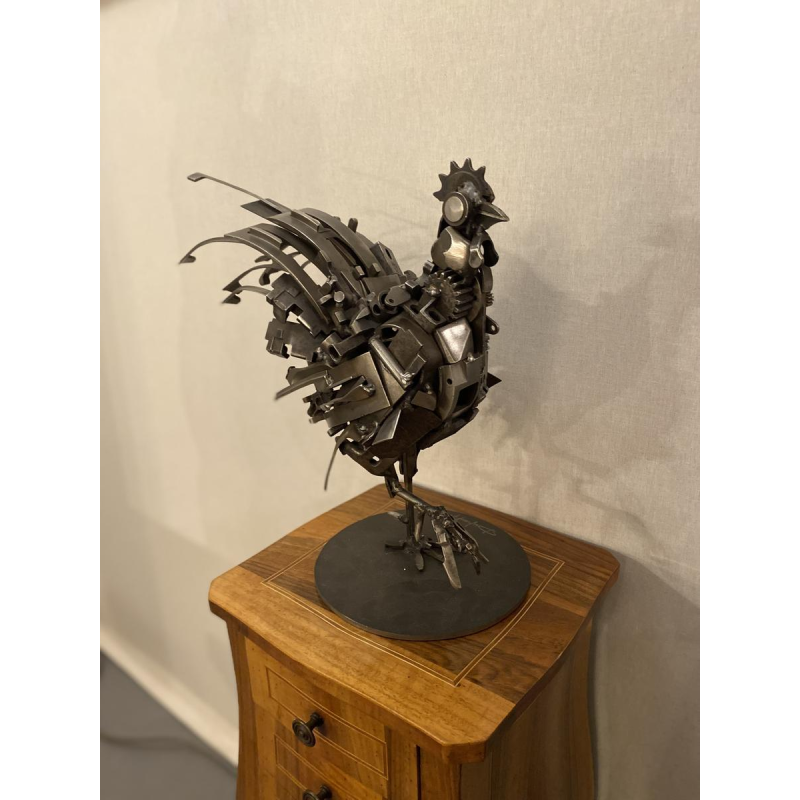 Jacques Dufrane"Coq"sculpture assemblage métallique