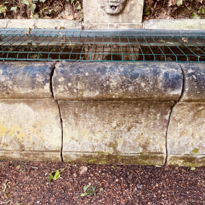 Grote, oude stenen buitenbak die dienstdoet als fontein, circa 1900.