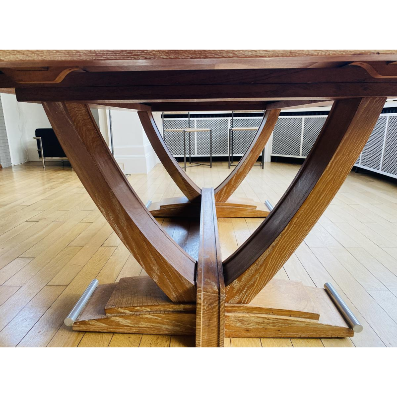 Art Deco table in cerused oak, stretcher legs, chromed metal base, circa 1930