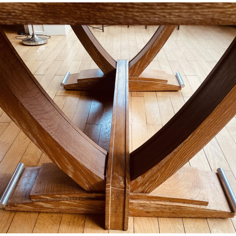 Art Deco table in cerused oak, stretcher legs, chromed metal base, circa 1930