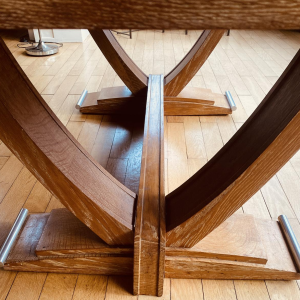 Art Deco table in cerused oak, stretcher legs, chromed metal base, circa 1930