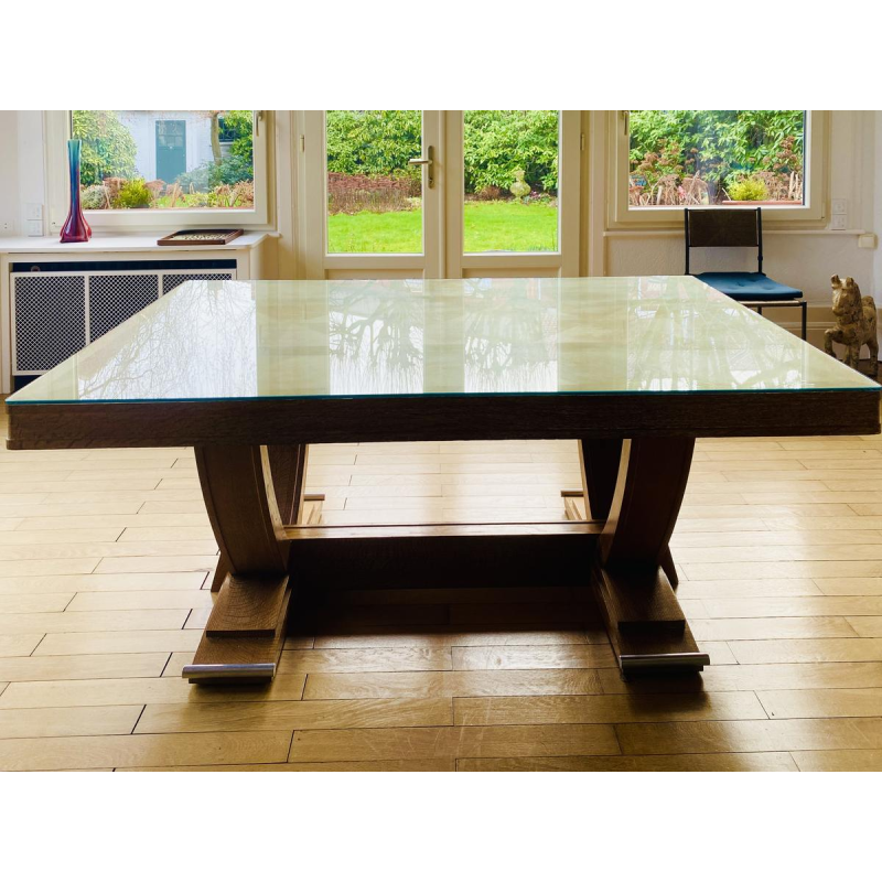 Art Deco table in cerused oak, stretcher legs, chromed metal base, circa 1930