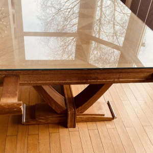 Art Deco table in cerused oak, stretcher legs, chromed metal base, circa 1930