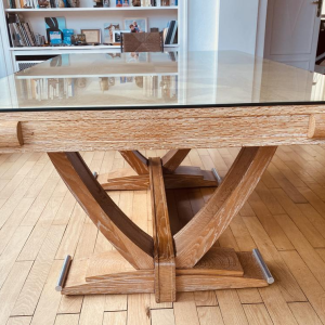 Art Deco table in cerused oak, stretcher legs, chromed metal base, circa 1930