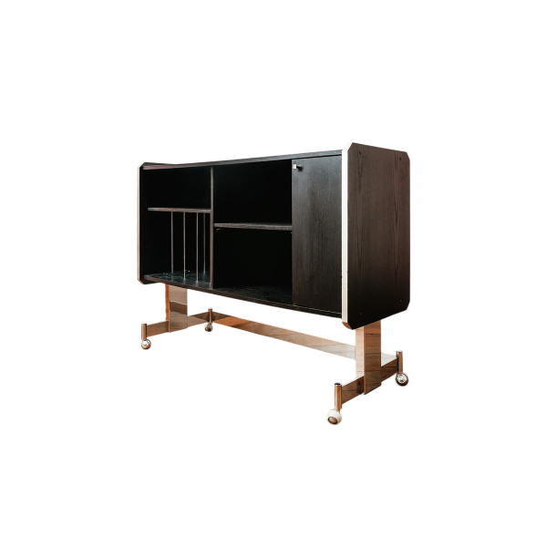 Vintage hi-fi cabinet on casters in black laminated wood, 20th century