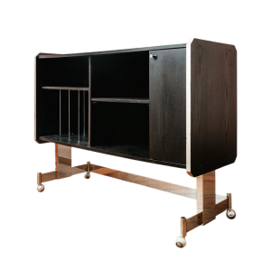 Vintage hi-fi cabinet on casters in black laminated wood, 20th century