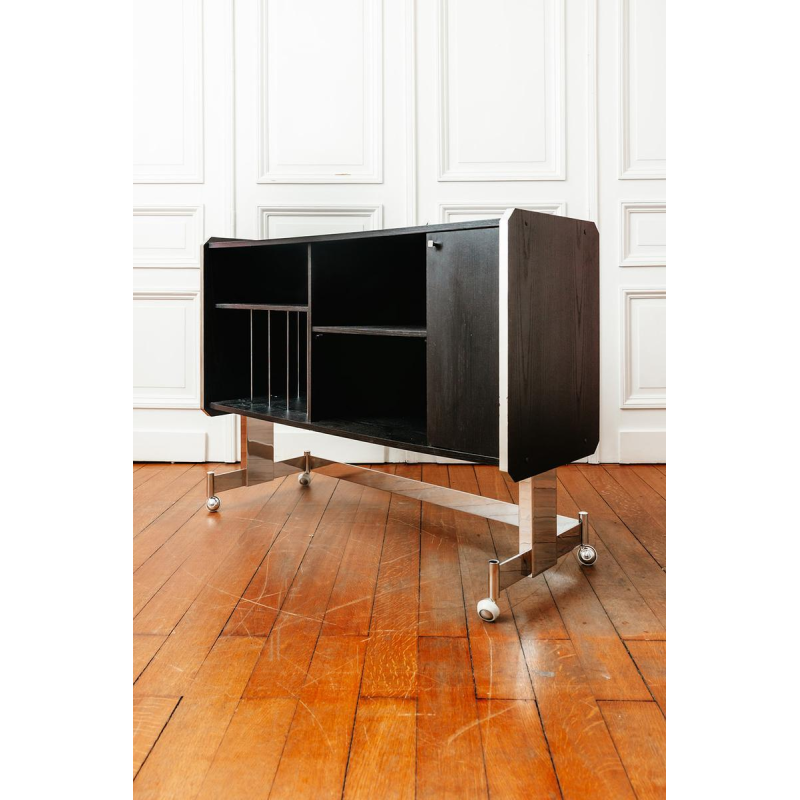 Meuble hi-fi vintage sur roulettes en bois stratifié noir, XXe siècle