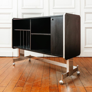 Vintage hi-fi cabinet on casters in black laminated wood, 20th century