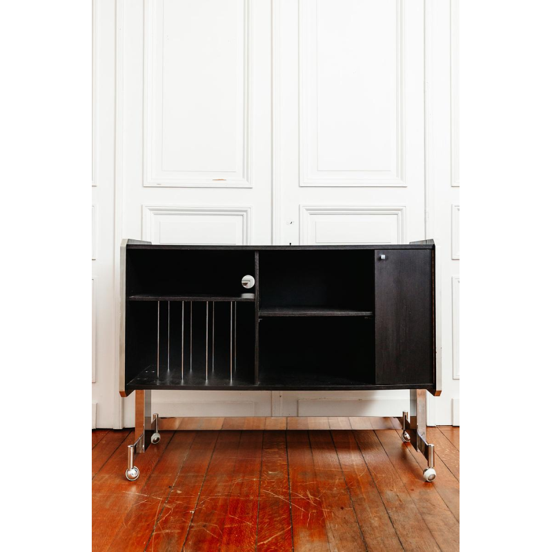 Vintage hi-fi cabinet on casters in black laminated wood, 20th century