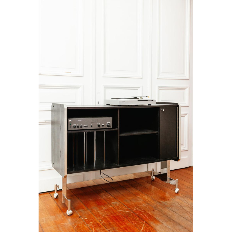 Meuble hi-fi vintage sur roulettes en bois stratifié noir, XXe siècle