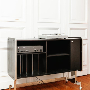 Meuble hi-fi vintage sur roulettes en bois stratifié noir, XXe siècle