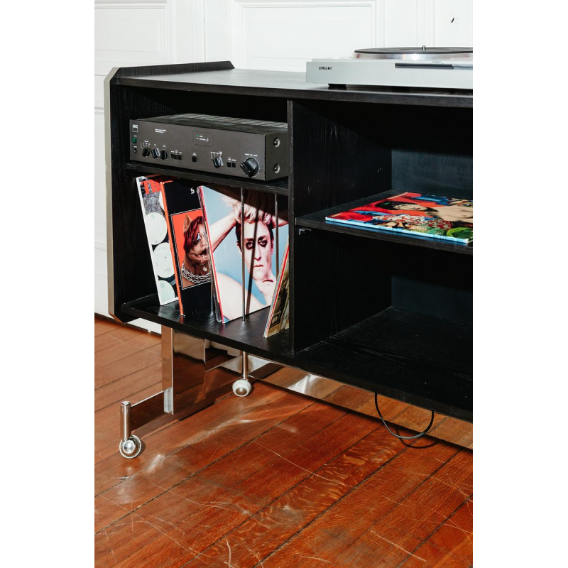 Vintage hifi-kast op wielen van zwart gelamineerd hout, 20e eeuw.