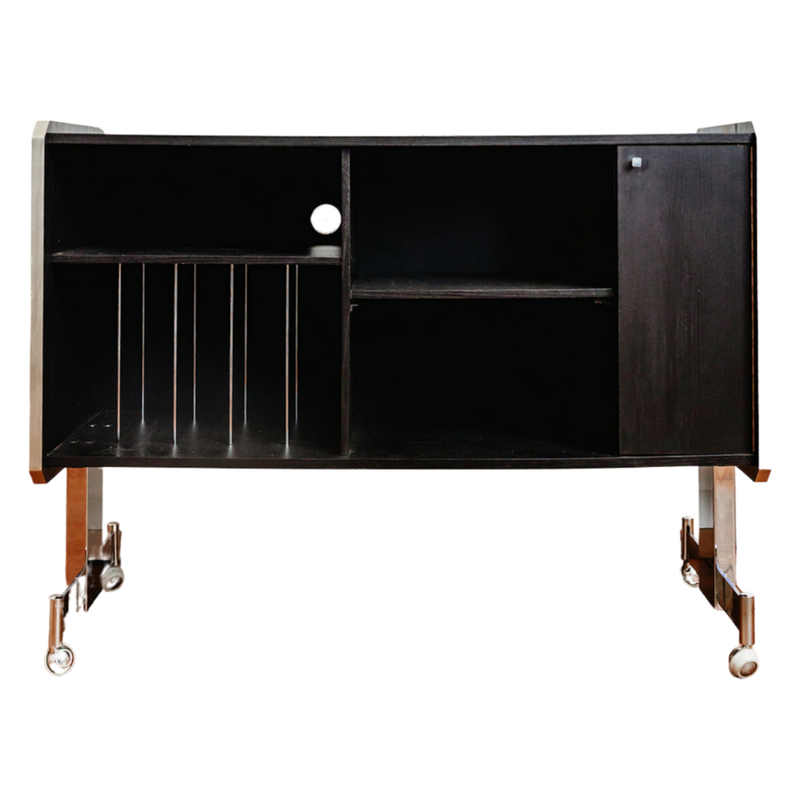 Vintage hi-fi cabinet on casters in black laminated wood, 20th century