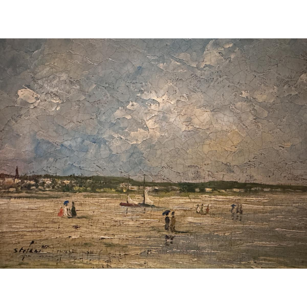 Pierre STEFANI “Deauville bij eb”, strandgezicht, olieverf op hout, 20e eeuw