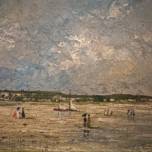 Pierre STEFANI «Deauville à marée basse» scène de plage, huile sur bois, XXe siècle