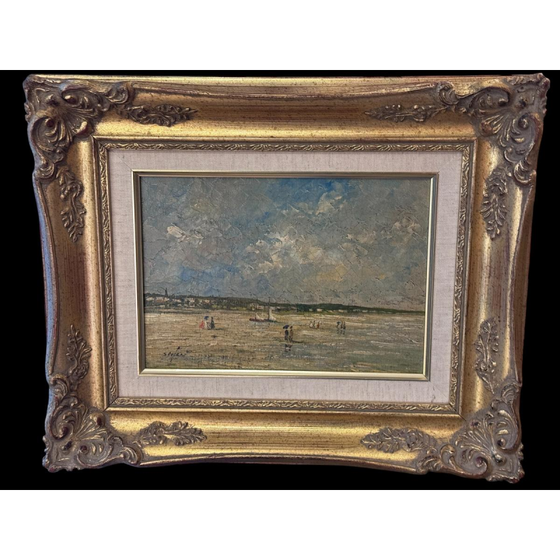 Pierre STEFANI “Deauville at Low Tide” beach scene, oil on wood, 20th century
