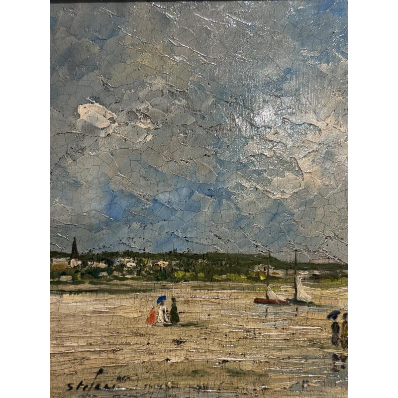 Pierre STEFANI “Deauville bij eb”, strandgezicht, olieverf op hout, 20e eeuw