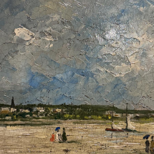 Pierre STEFANI “Deauville at Low Tide” beach scene, oil on wood, 20th century