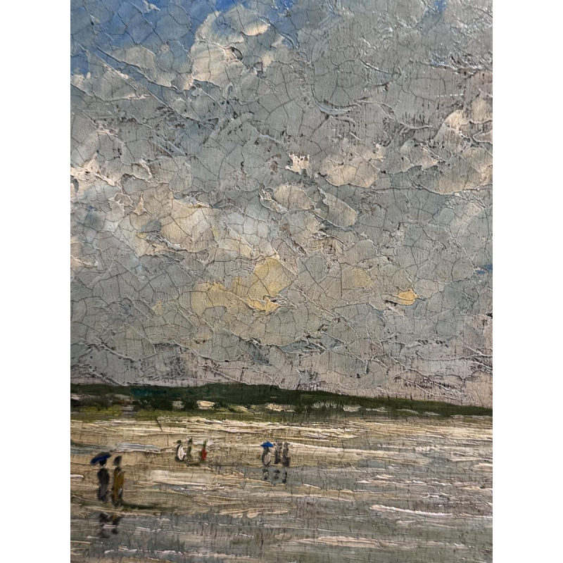 Pierre STEFANI «Deauville à marée basse» scène de plage, huile sur bois, XXe siècle