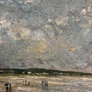 Pierre STEFANI “Deauville at Low Tide” beach scene, oil on wood, 20th century