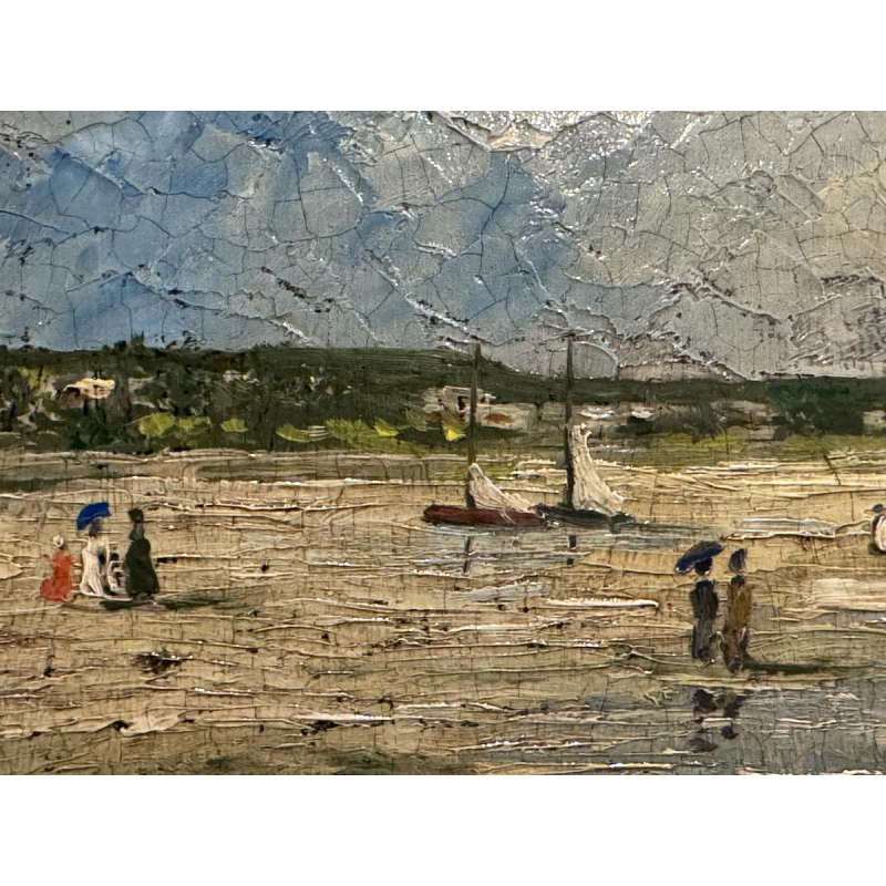 Pierre STEFANI “Deauville at Low Tide” beach scene, oil on wood, 20th century