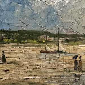 Pierre STEFANI «Deauville à marée basse» scène de plage, huile sur bois, XXe siècle