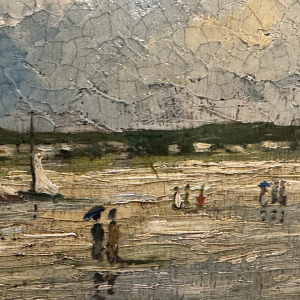 Pierre STEFANI “Deauville at Low Tide” beach scene, oil on wood, 20th century