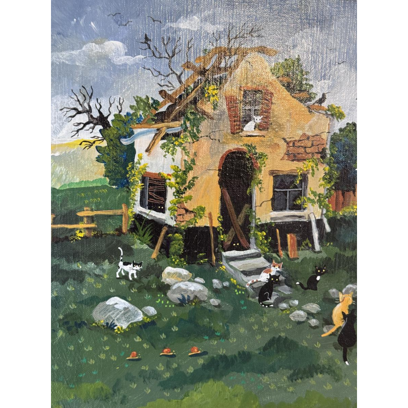 Marie-Louise Batardy “Het leven gaat verder” Naïef schilderij, olieverf op doek