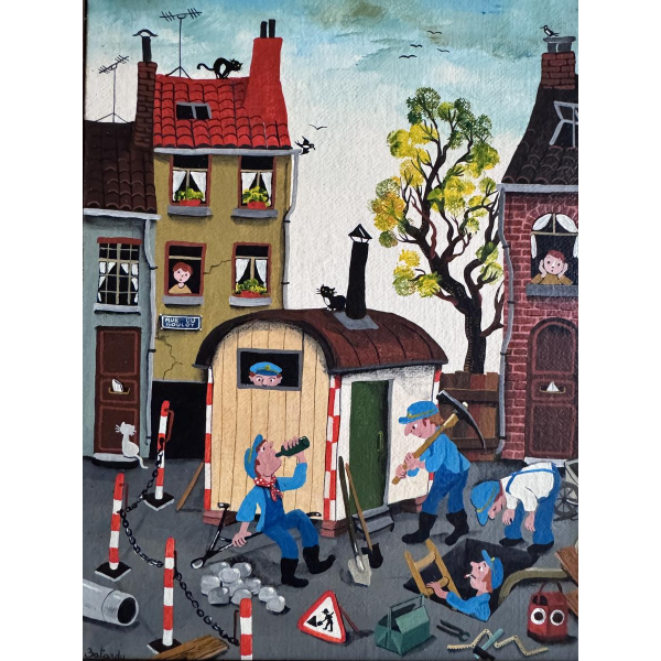 Marie-Louise BATARDY «Rue du boulot» tableau Naïf, huile sur toile