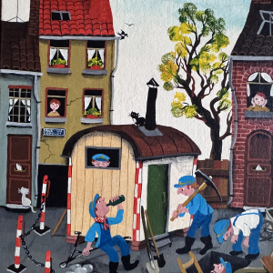 Marie-Louise BATARDY «Rue du boulot» tableau Naïf, huile sur toile