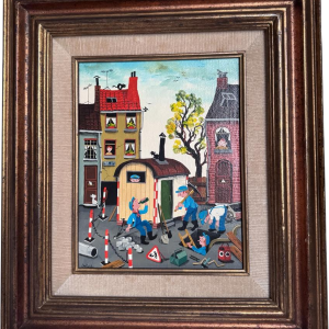 Marie-Louise BATARDY “Rue du boulot” Naïef schilderij, olieverf op doek